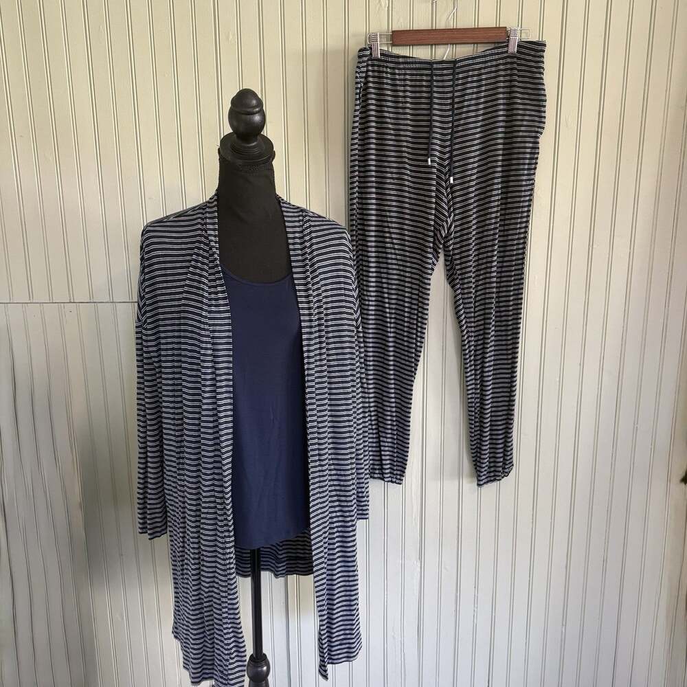 Soma Cool Nights Duster Navy Blue Stripe Pajama Set Pants Tshirt Cardigan Medium